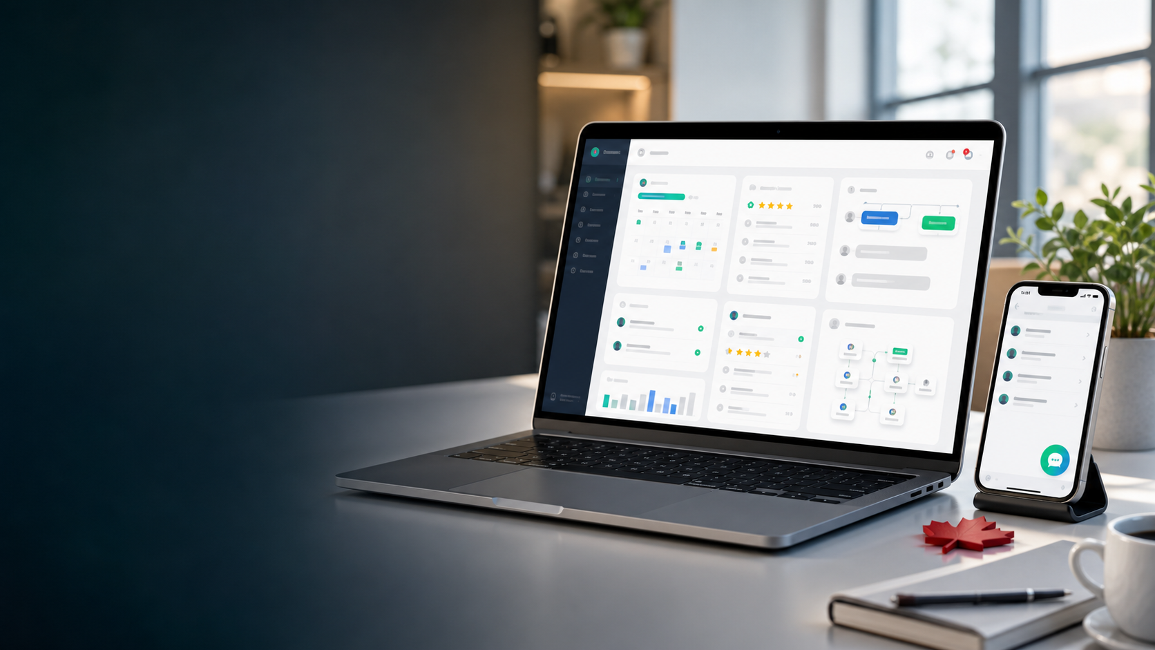 Laptop and phone showing a modern business website preview.